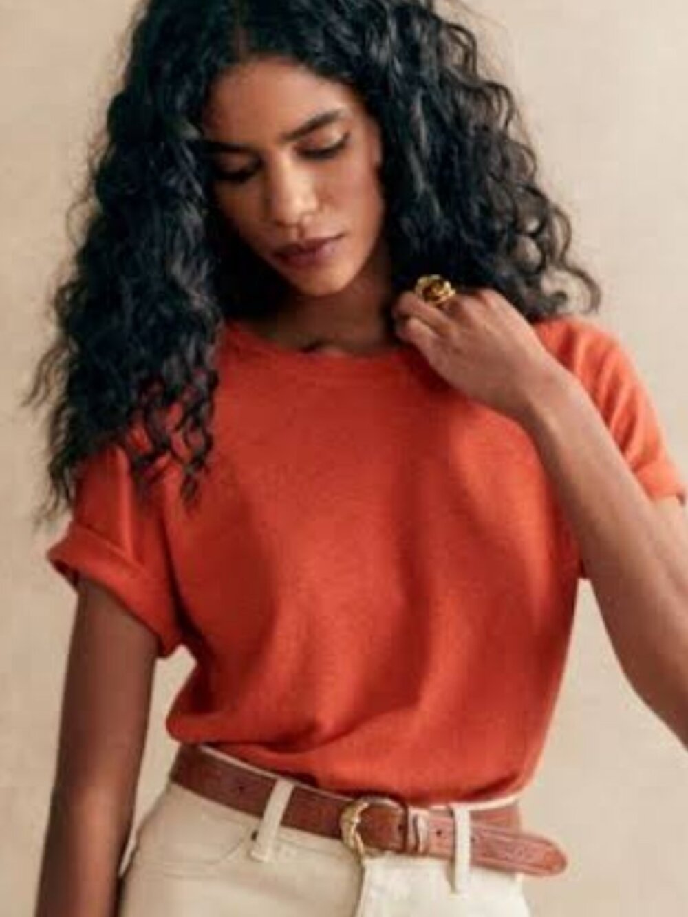 Sézane Martha T-Shirt Bright Peach Linen Cotton Size S
